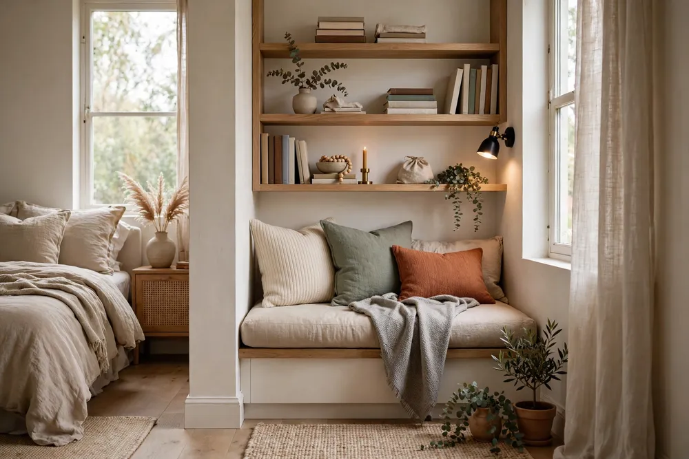 Compact reading nook tucked into a primary bedroom corner