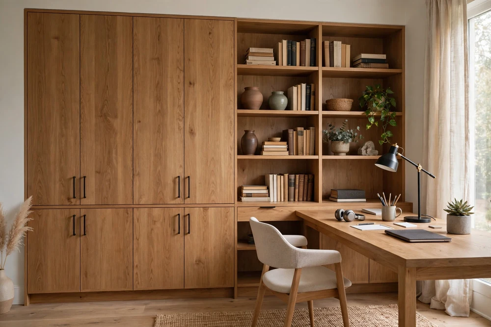 A study room with open shelves and closed cabinets combined for tidy book storage