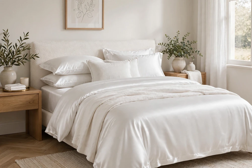 White sateen bedding with a polished sheen
