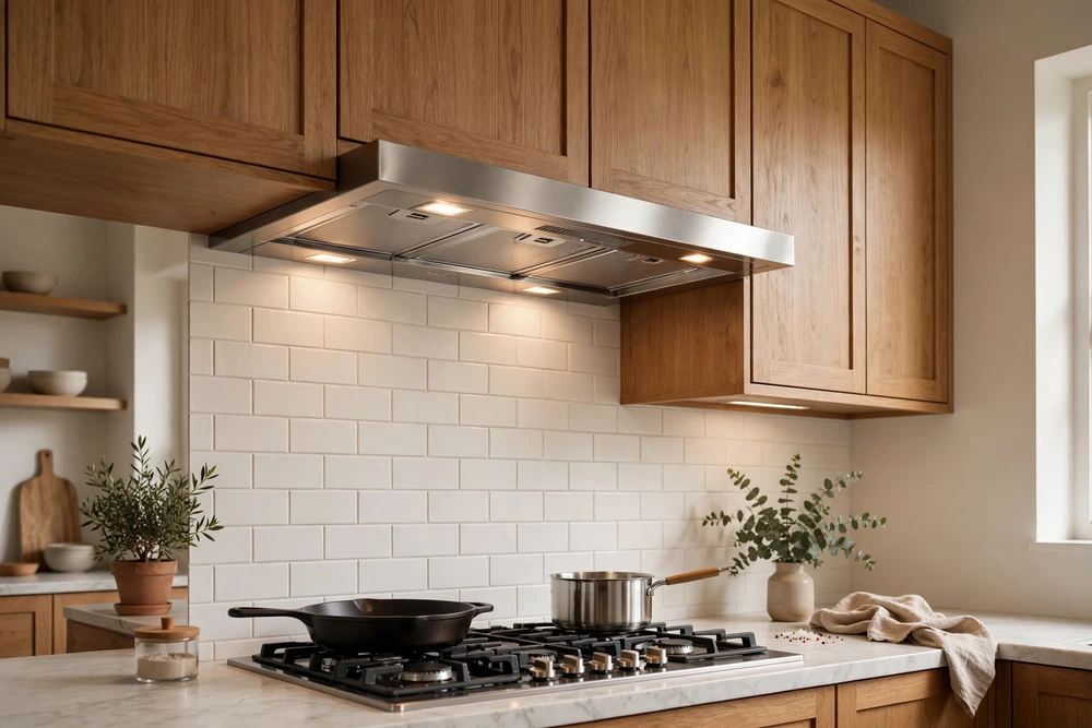 Under cabinet kitchen range hood tucked beneath wall cabinets