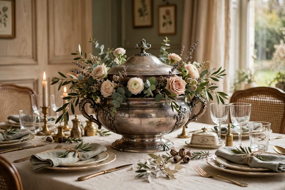 Vintage tureen as a classic dining table centerpiece