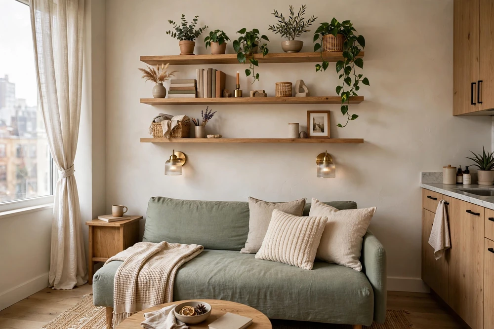 Studio apartment decor that utilizes the wall above the sofa with shelves and art