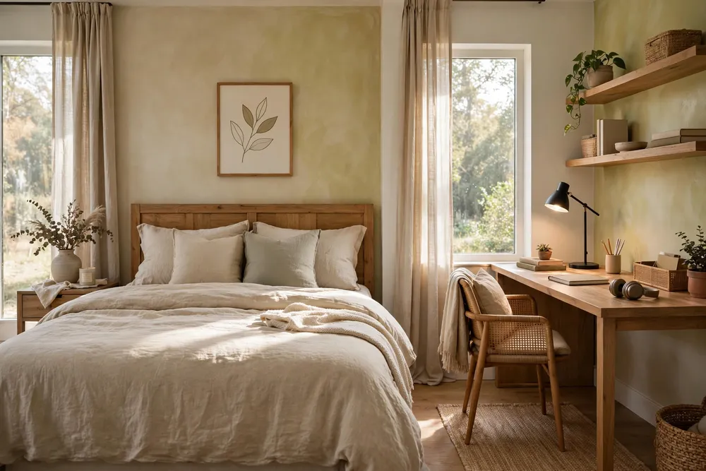 Primary bedroom with a small, carefully styled work zone