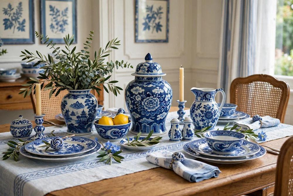 Blue and white porcelain pieces decorating a dining table