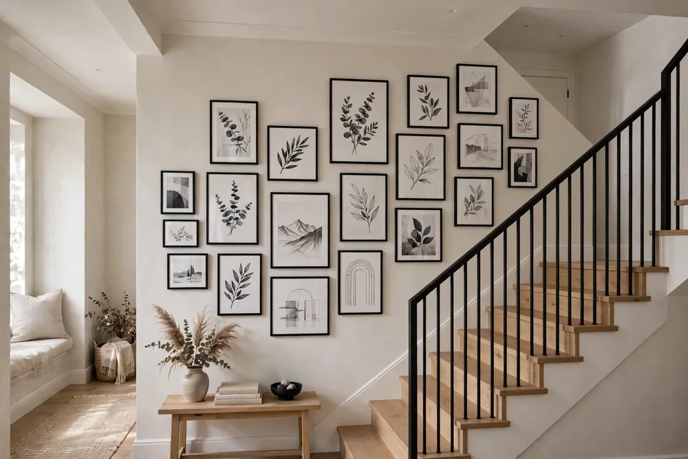 Monochromatic art display on a staircase wall decor wall