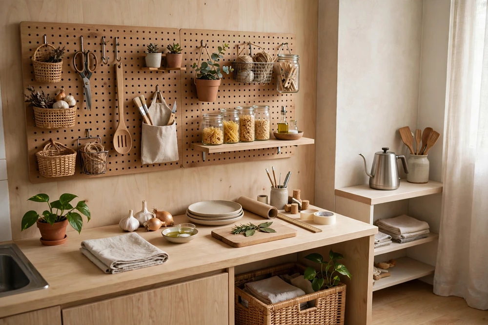 Studio apartment decor with a pegboard organizing the kitchen and work area