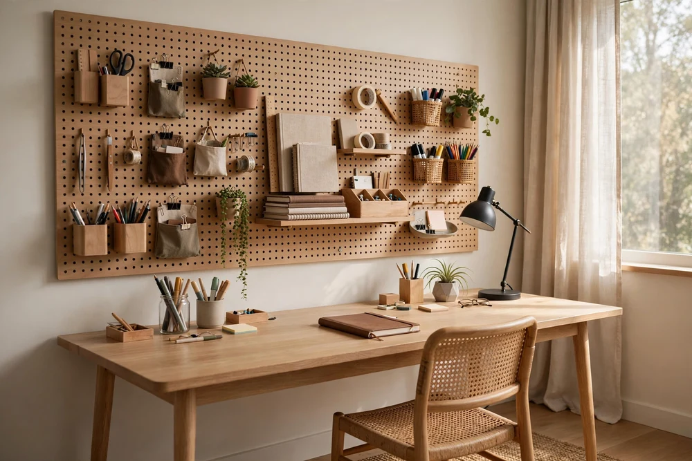 A study room with a pegboard organization wall holding supplies above the desk