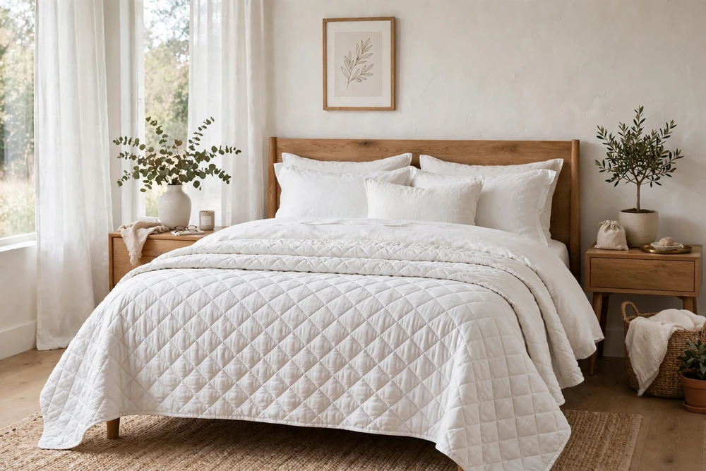 White bedding topped with a quilted coverlet