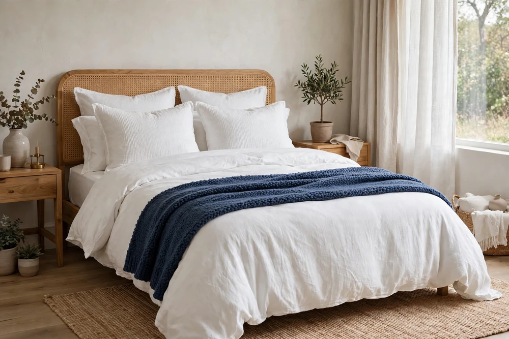 White bedding with a contrasting blanket at the foot of the bed