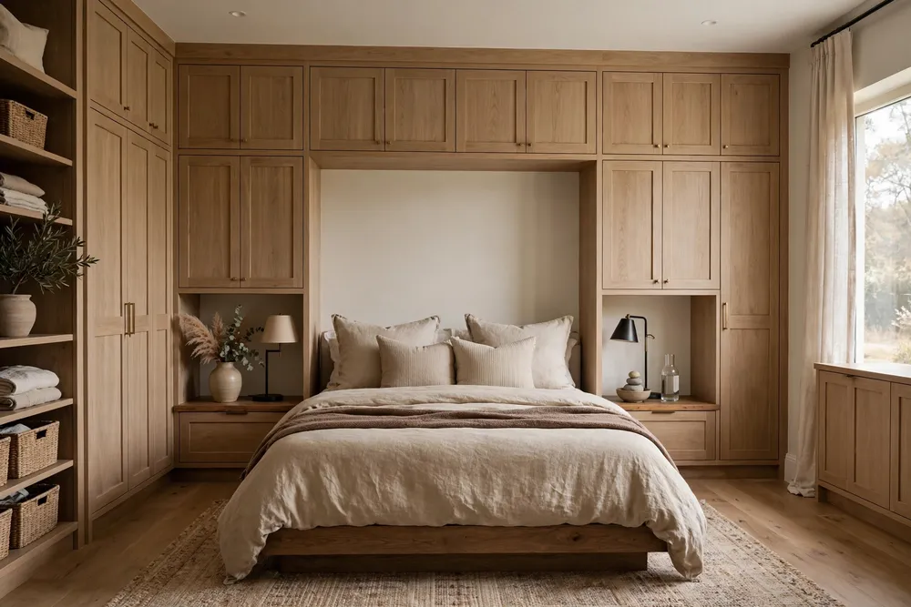 Primary bedroom with built-in wardrobes flanking both sides of the bed