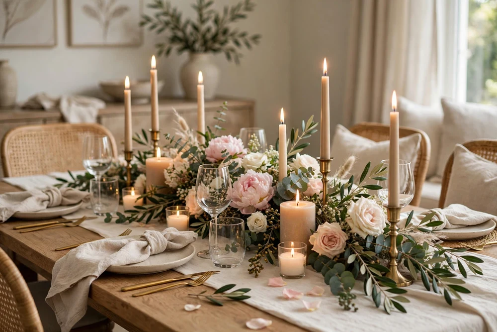 Candles and fresh flowers arranged in harmony on a dining table