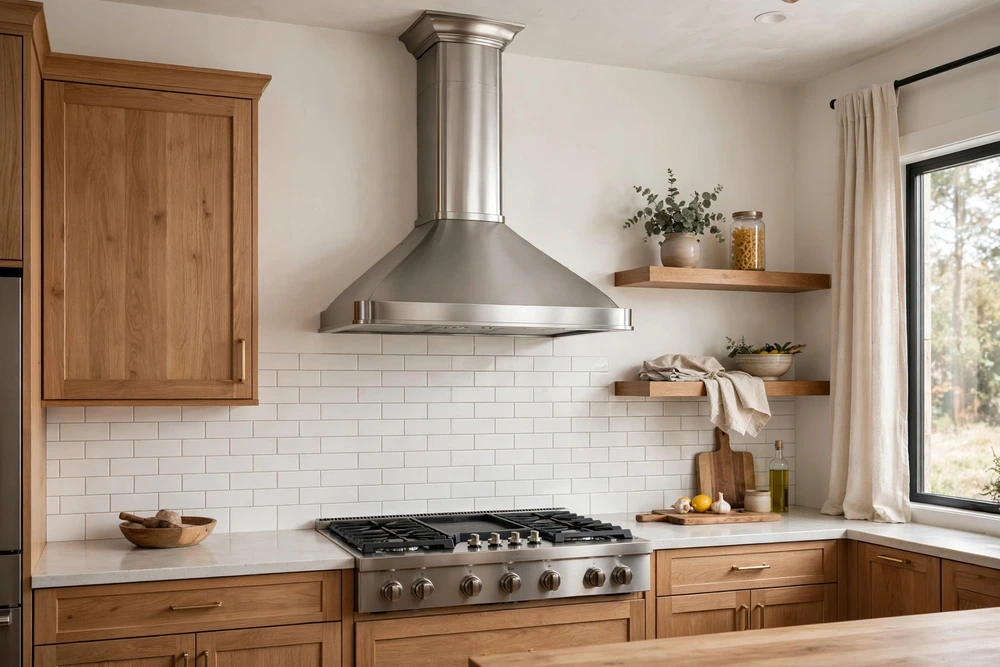 Chimney style wall kitchen range hood with a classic tapered chimney