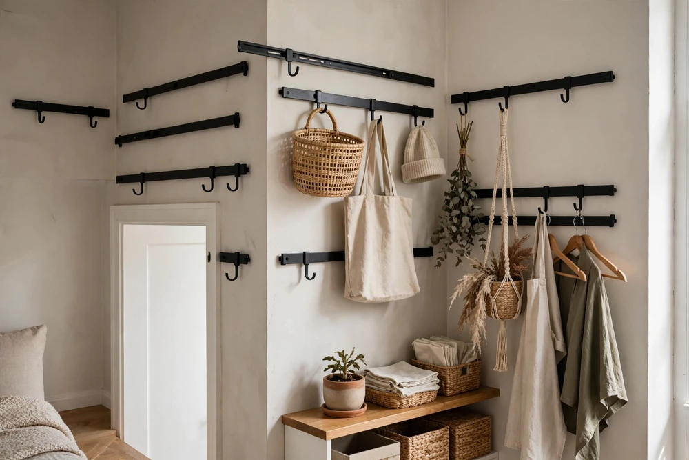 Studio apartment decor using hooks and rails to organize unused wall spaces