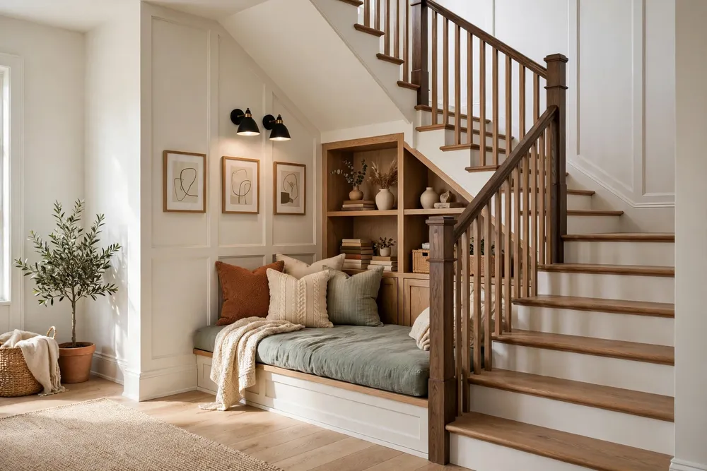 Built in reading nook beneath a stairway with cozy staircase wall decor