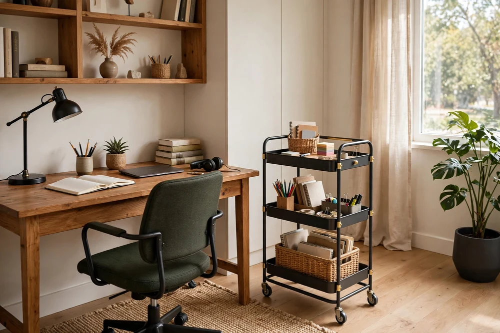 A rolling storage cart parked beside a desk in a study room for mobile supplies
