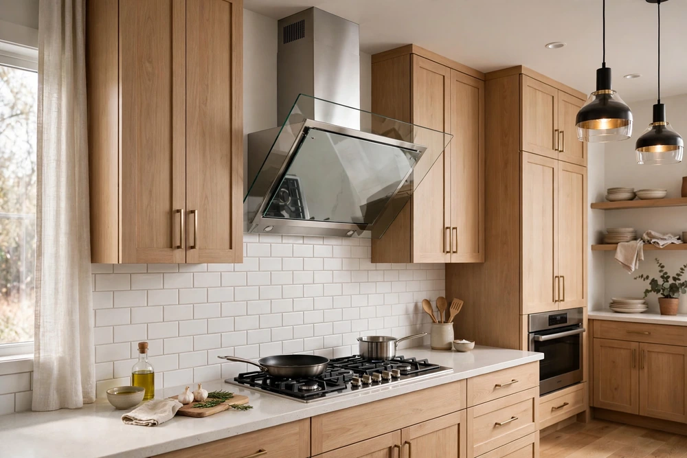 Angled glass kitchen range hood with a sloped glass canopy