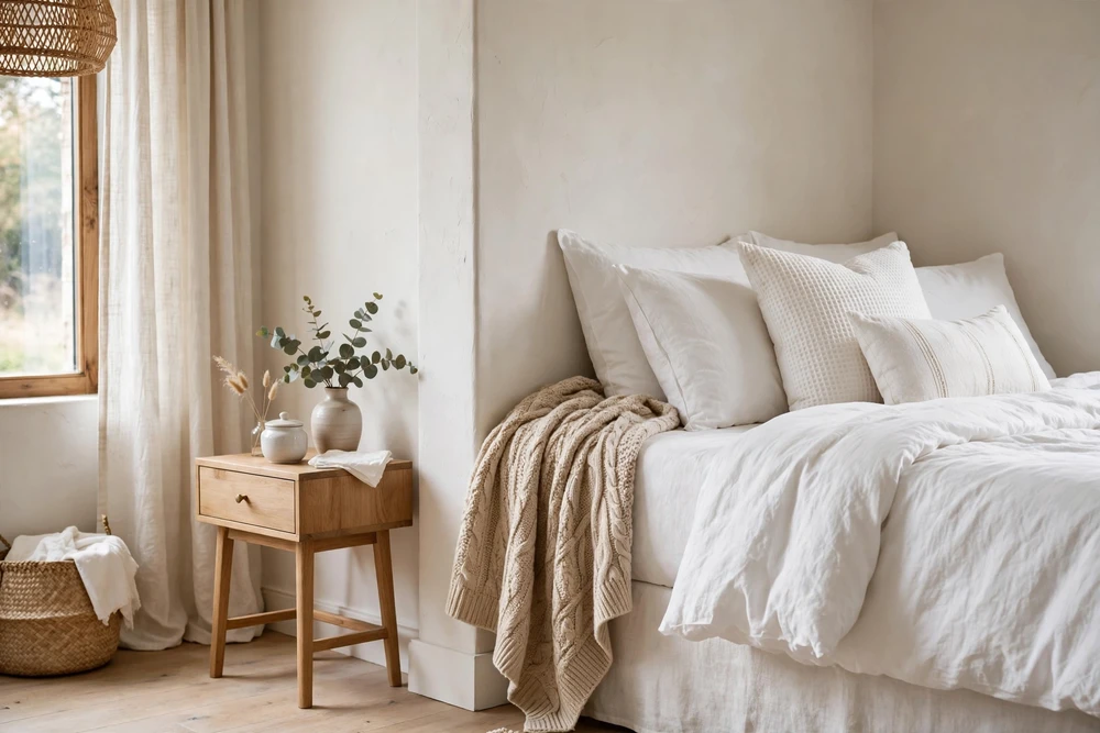 White bedding with a throw draped over a corner of the bed