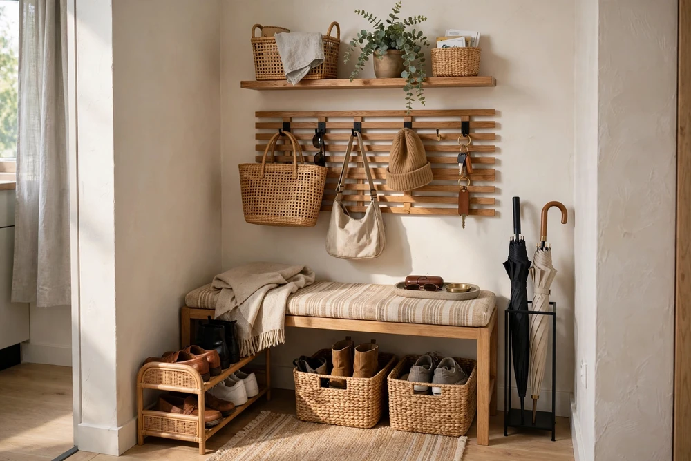 Studio apartment decor with an organized entry drop zone for keys, bags, and coats