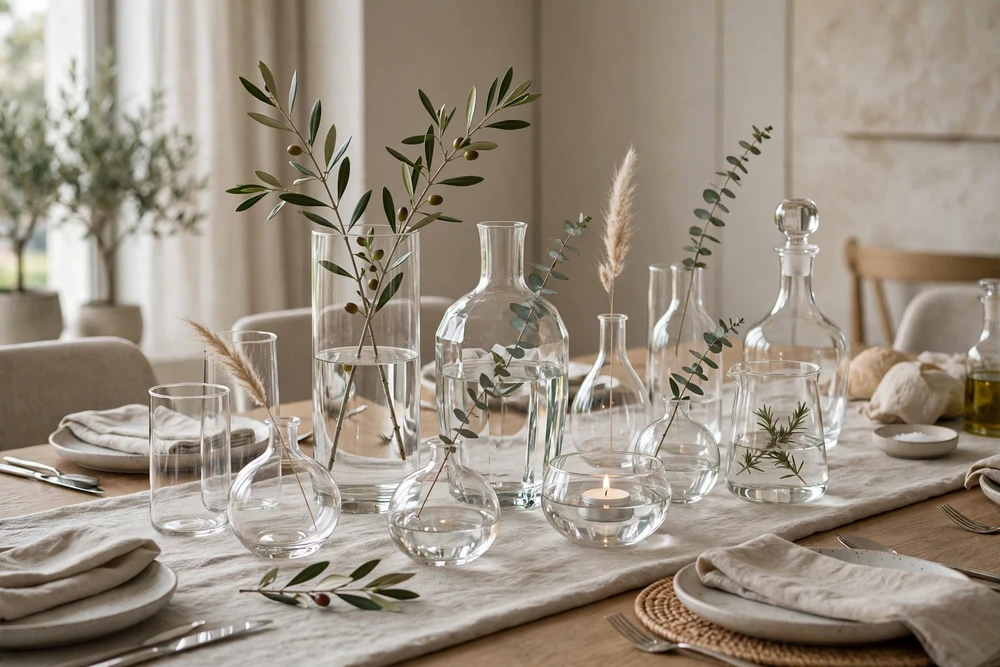 Transparent glass vessels with greenery on a dining table
