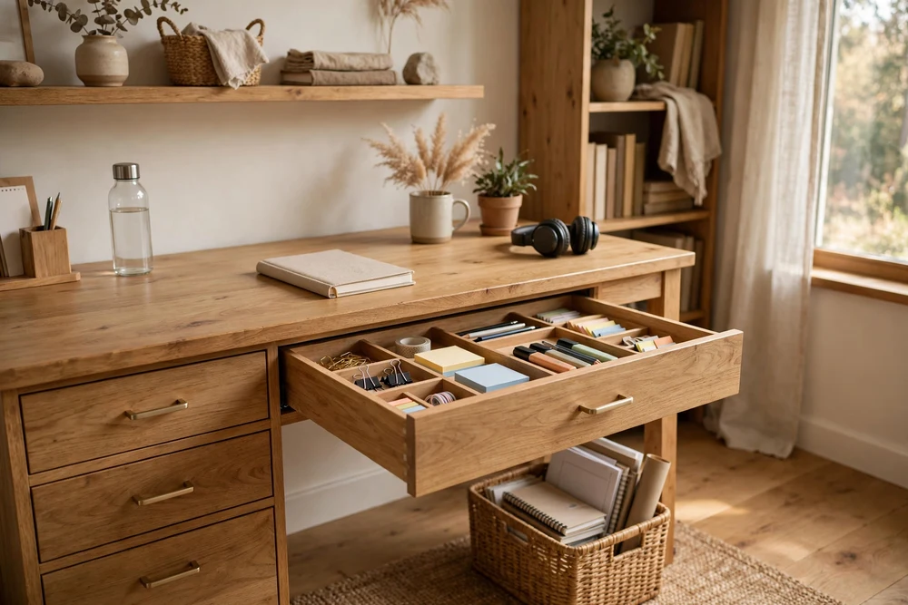 A study room desk with under-desk drawers keeping notebooks and tools within reach
