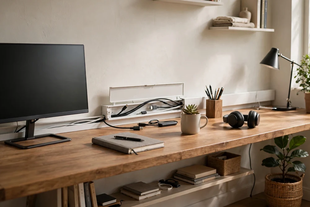 A tidy study room desk with a cable-management channel hiding all cords and chargers