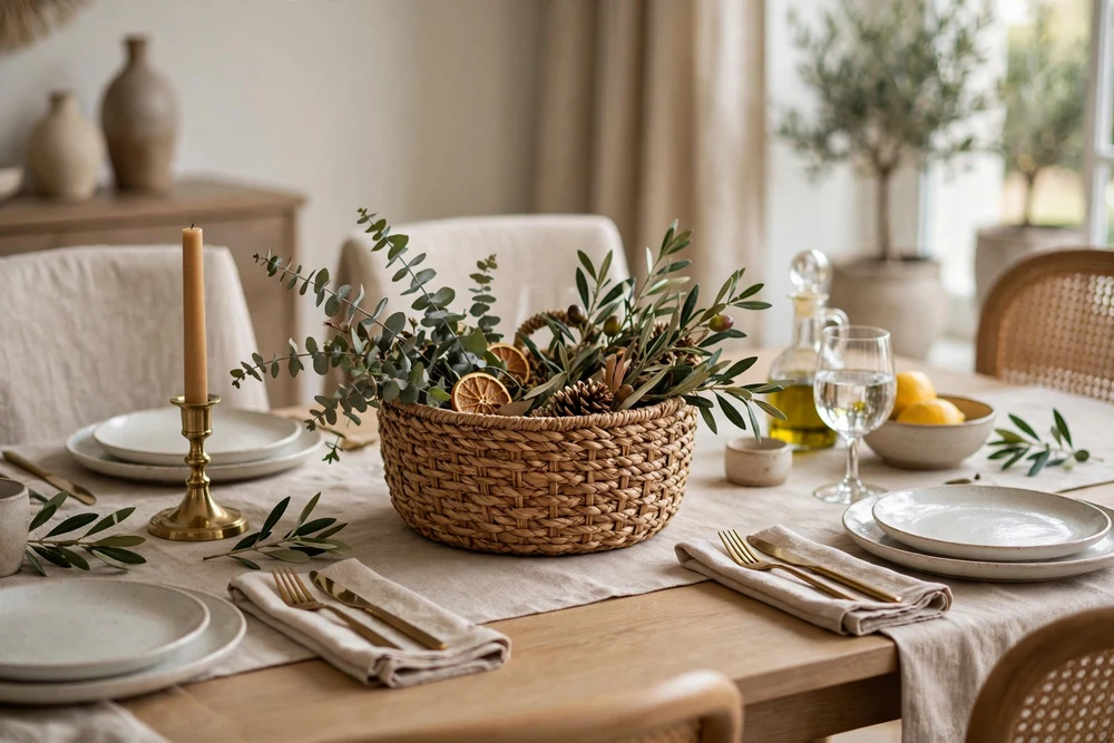 Casual woven basket as rustic dining table decor