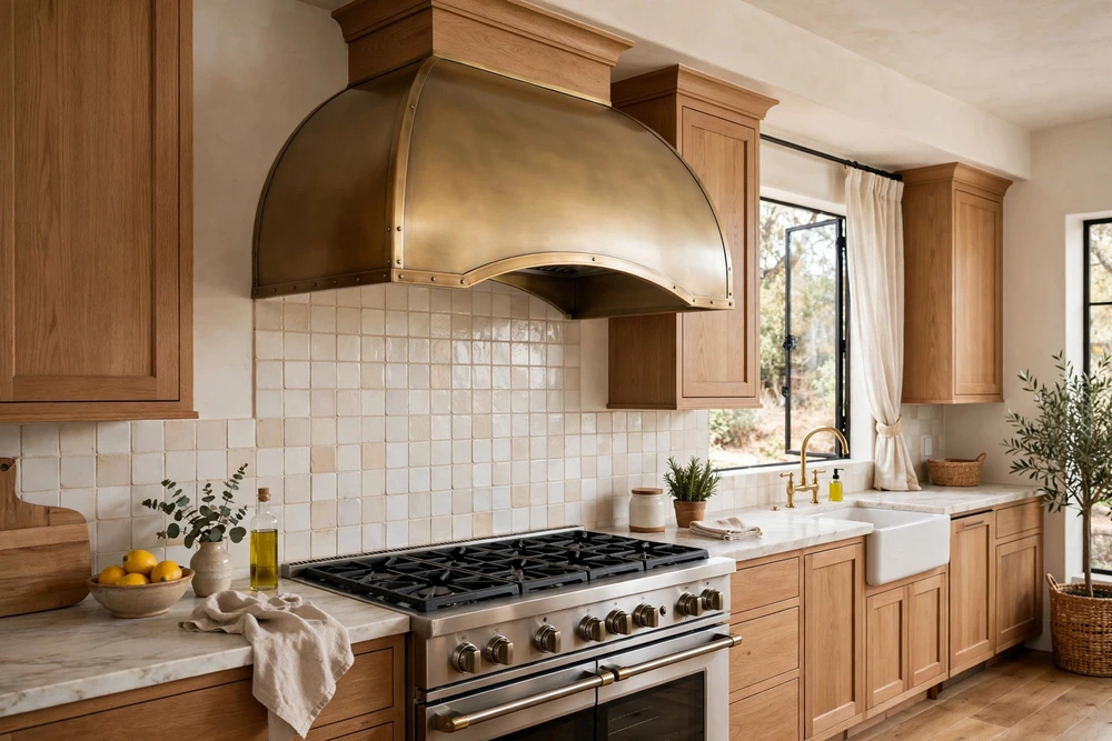 Curved canopy kitchen range hood with a soft rounded profile