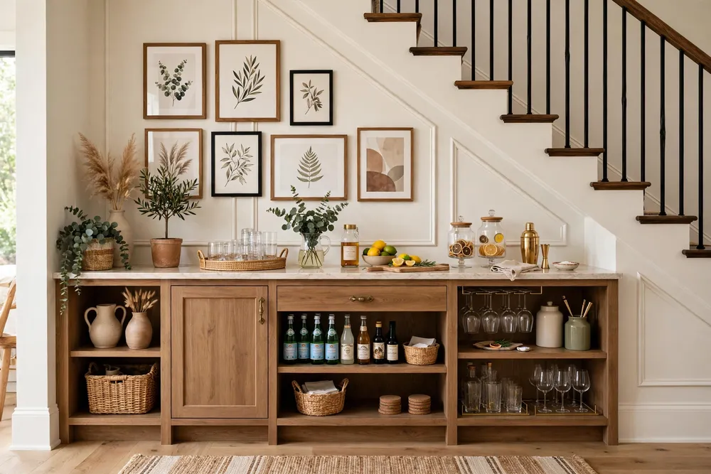 Dry bar and beverage station tucked under stairs with stylish staircase wall decor