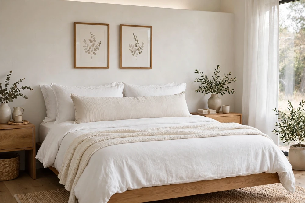 White bedding styled with a long lumbar pillow