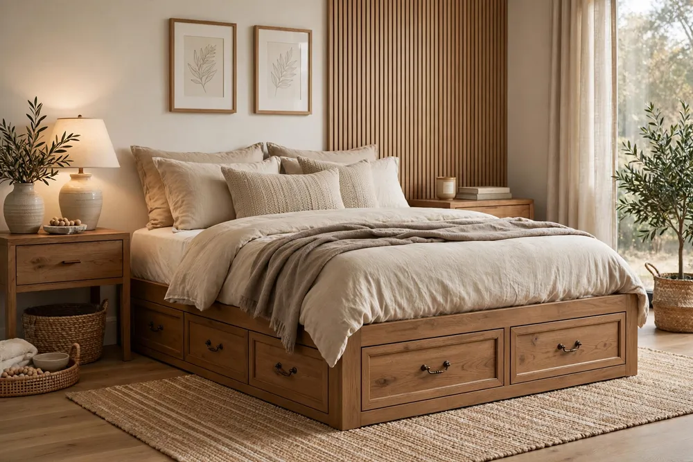 Primary bedroom with a practical storage bed with built-in drawers