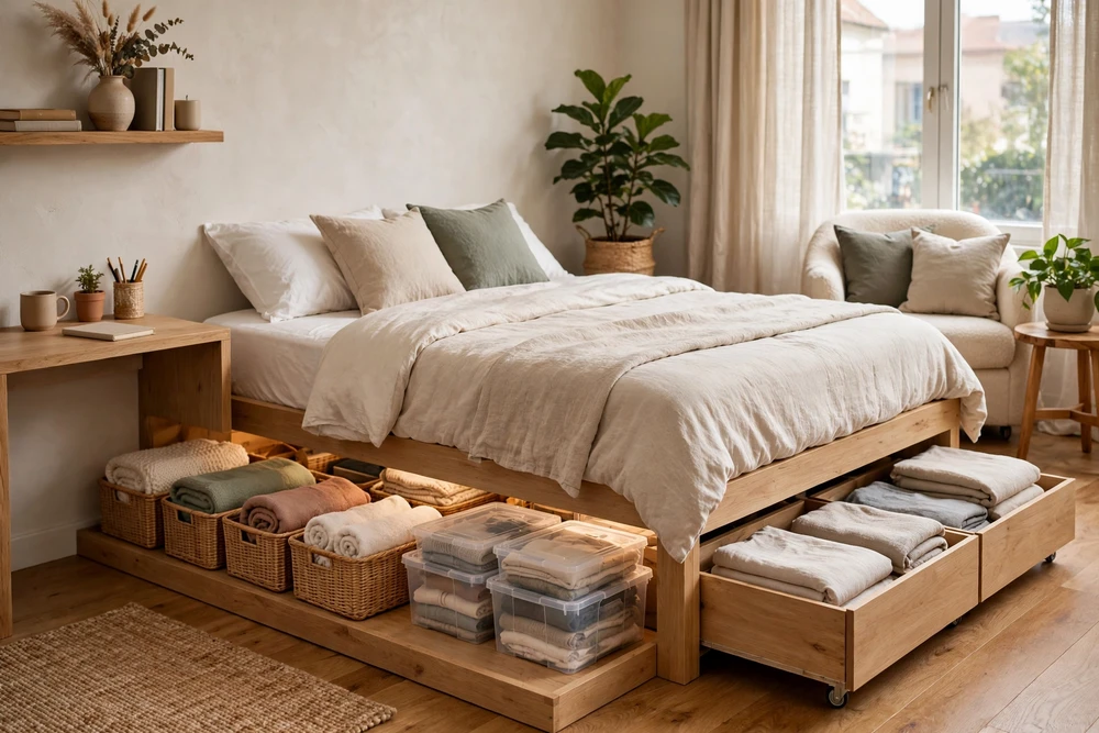 Studio apartment decor showing optimized under-bed storage with drawers and bins