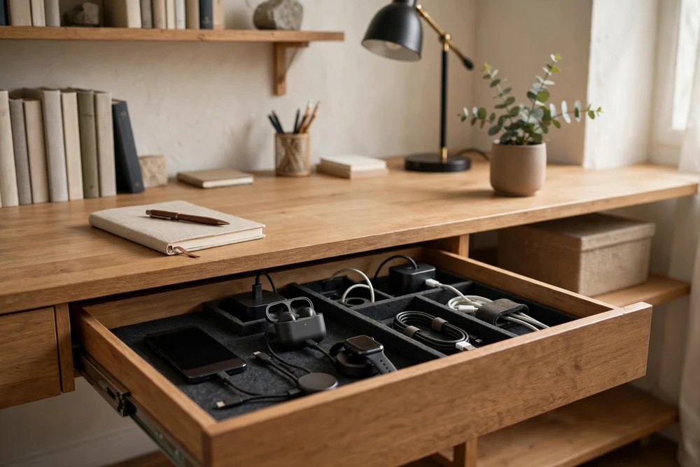 A study room desk drawer fitted as a charging station for phones and tablets