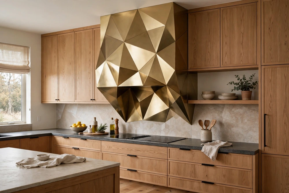 Geometric faceted kitchen range hood with angular modern panels