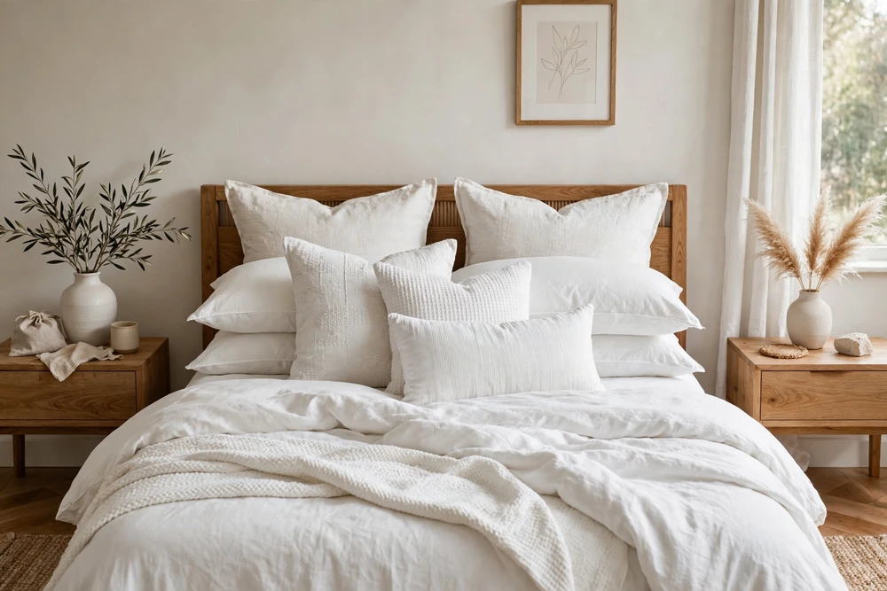 White bedding with pillows arranged in cozy layers