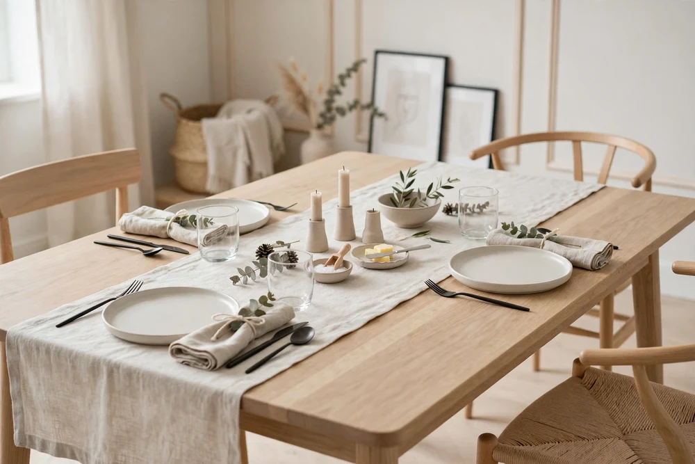 Scandinavian style simple dining table decor with light wood