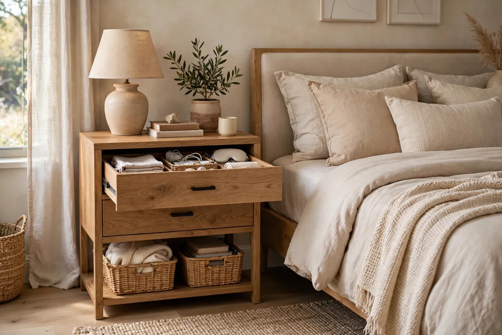 Primary bedroom nightstand with smart hidden storage