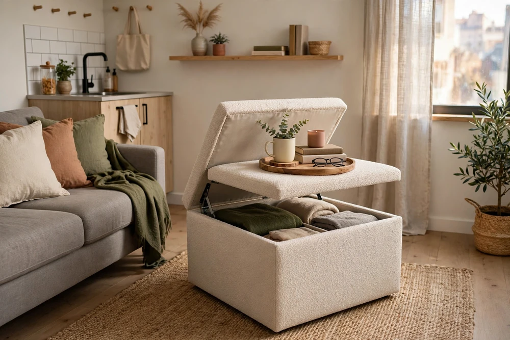 Studio apartment decor featuring a storage ottoman for multipurpose seating and storage