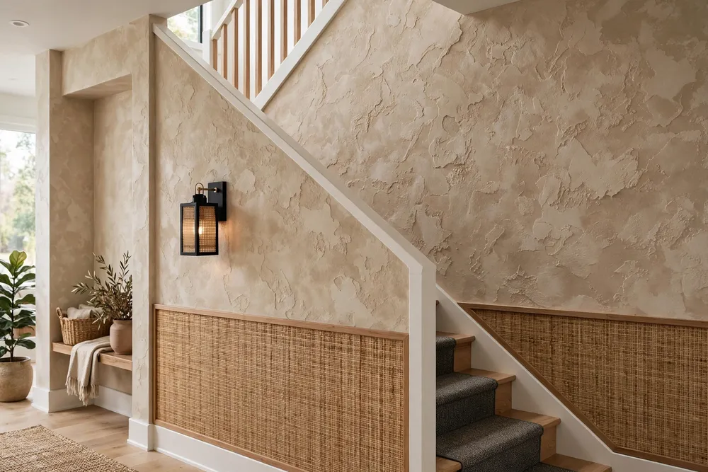 Textured wall coverings adding dimension to staircase wall decor