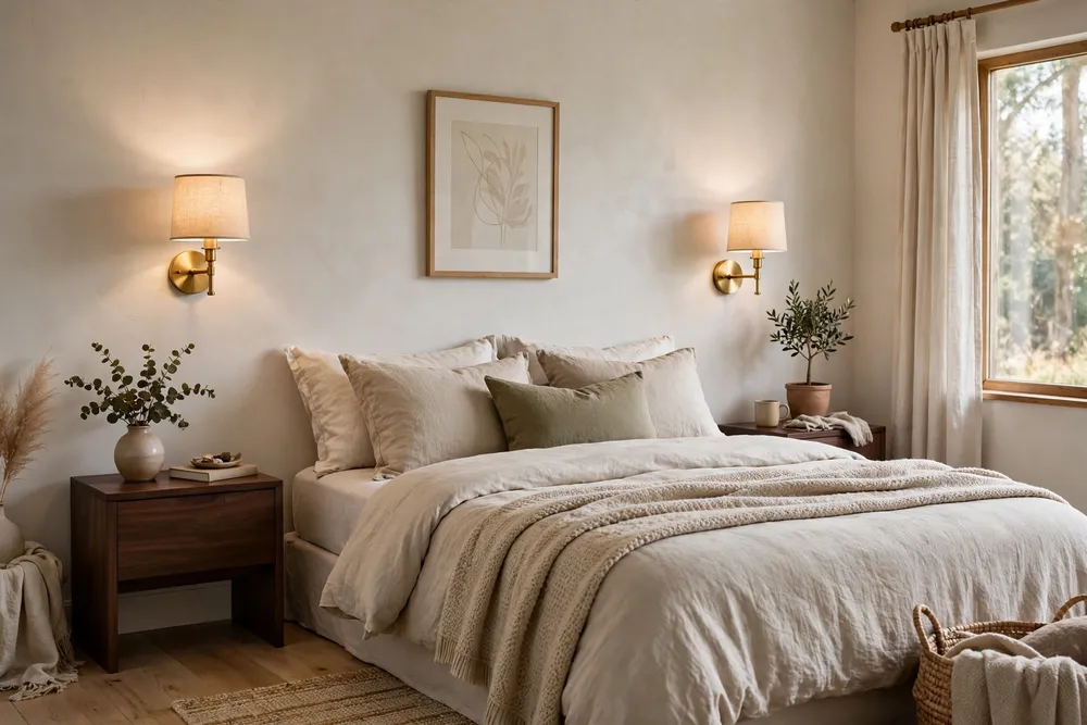 Primary bedroom with wall-mounted bedside sconces above nightstands