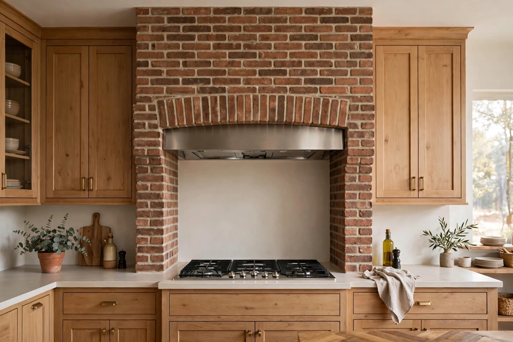 Brick lined kitchen range hood surround with rustic exposed brick