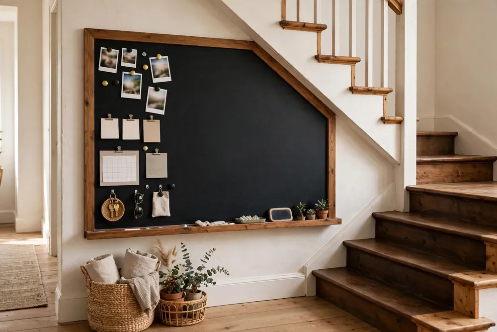 Chalkboard and magnetic command center on a staircase wall decor wall