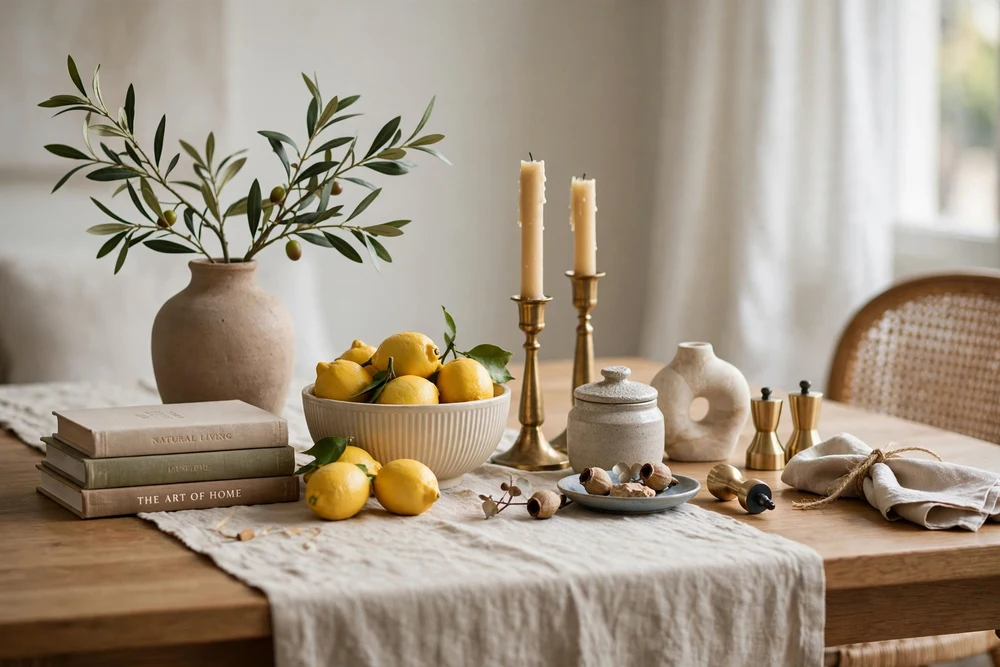 Curated vignette of small decor objects on a dining table