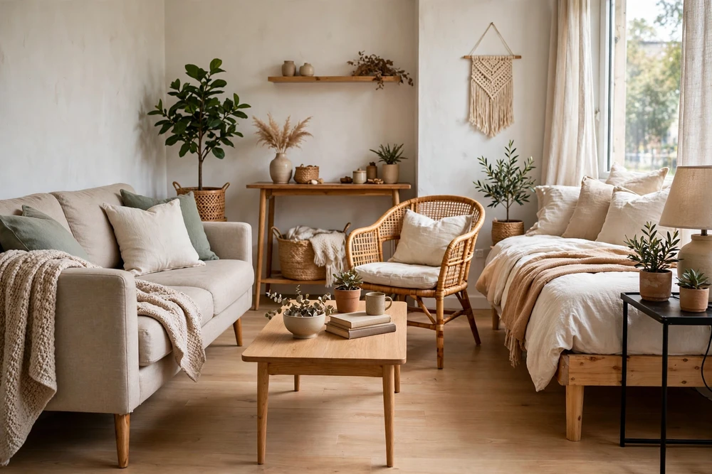 Studio apartment decor with furniture on exposed legs that makes the room feel larger