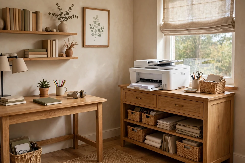 A dedicated printer station in a corner of a study room with paper and supplies