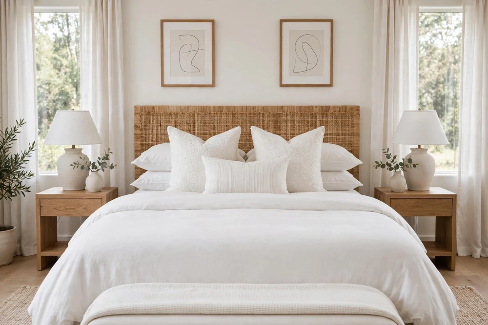 White bedding with symmetrical pillow placement