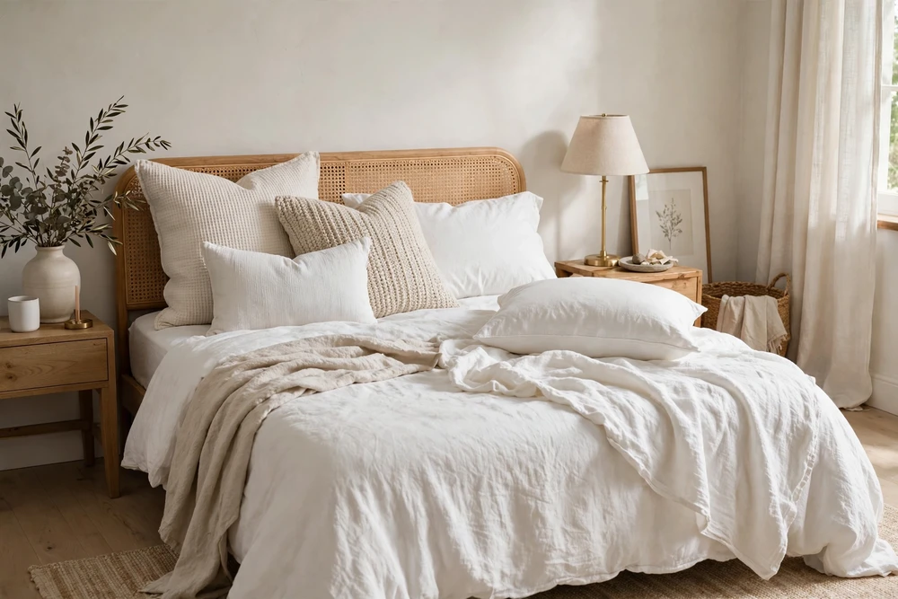 White bedding with an asymmetrical pillow arrangement