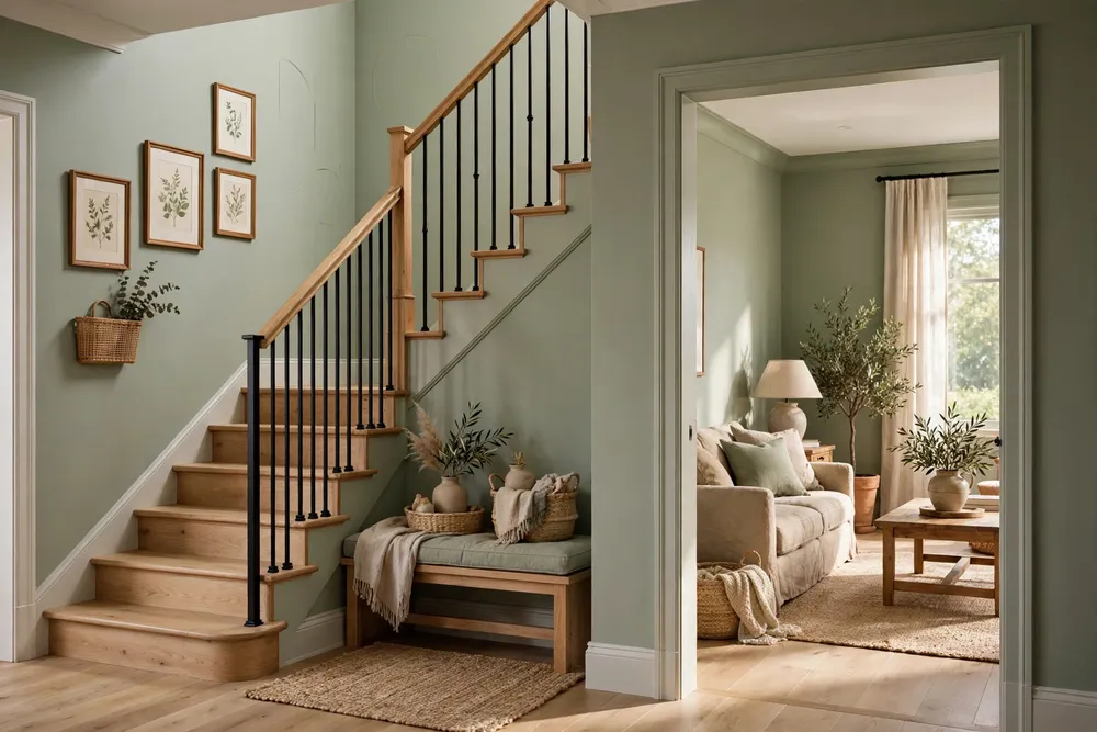Paint color continued from an adjacent room for cohesive staircase wall decor