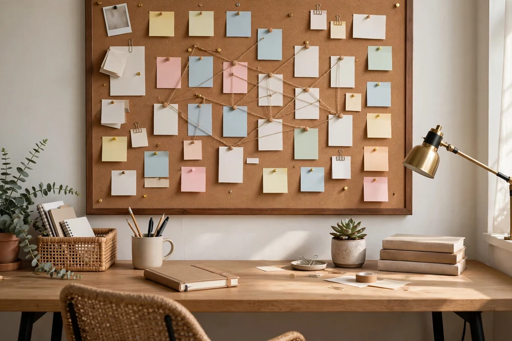A study room with a corkboard above the desk used for flexible planning and pinned notes