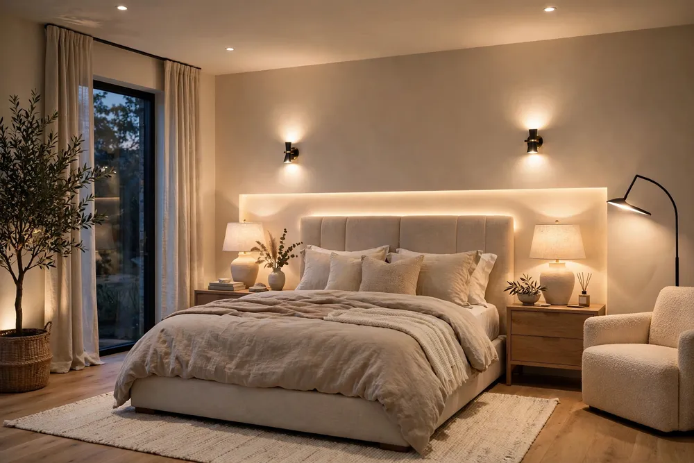 Primary bedroom with layered lighting from lamps, sconces, and ceiling lights