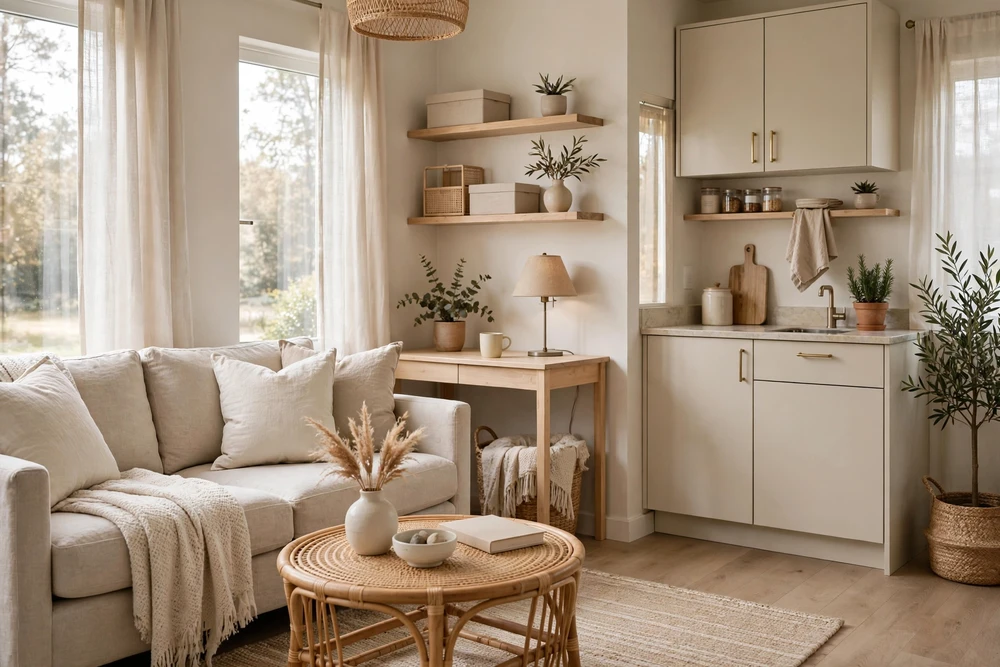 Studio apartment decor in a light, neutral color palette that brightens a small space